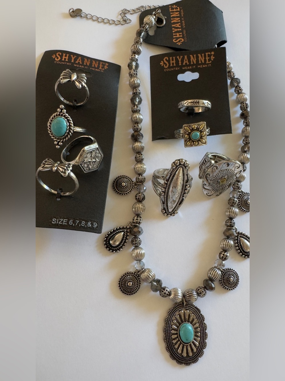 Shyanne Silver-Tone Turquoise Pendant Necklace and Ring Set - Blue-Green Accent